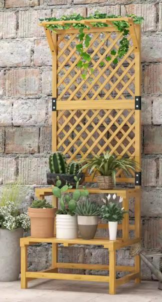 Houten Plantenstandaard 2 Niveaus met Trellis voor Klimplant, Tuin en Terras, Bloembakken en Plantenbakken, Nieuw, Verzenden