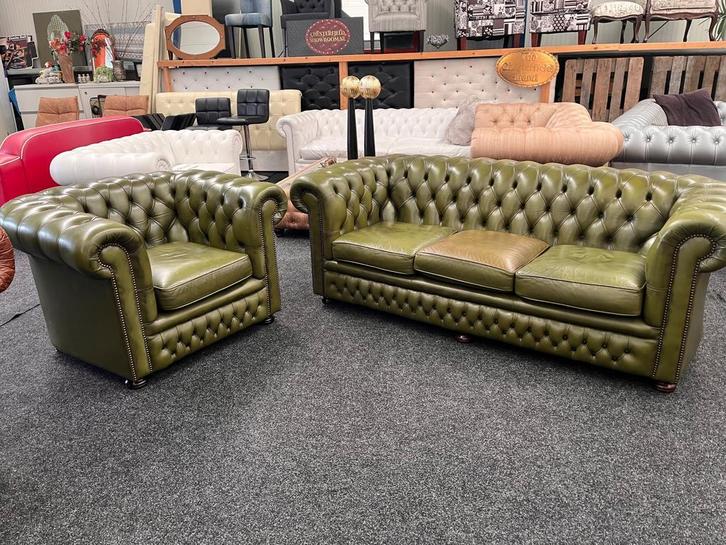 Chesterfield Maarssen 3 zits-bank + Club Fauteuil Groen Leer, Huis en Inrichting, Banken | Bankstellen, Leer, Ophalen