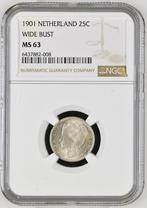 Koningin Wilhelmina 25 cent 1901 Brede Hals MS63, Zilver, Losse munt, Verzenden