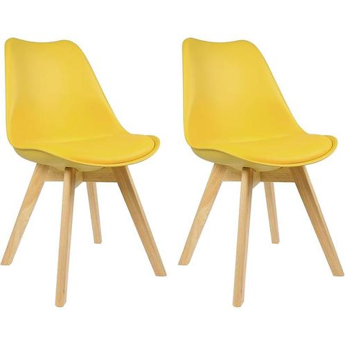 2x eetkamerstoel / kuipstoel - geel - kunststof met hout -, Huis en Inrichting, Stoelen, Verzenden