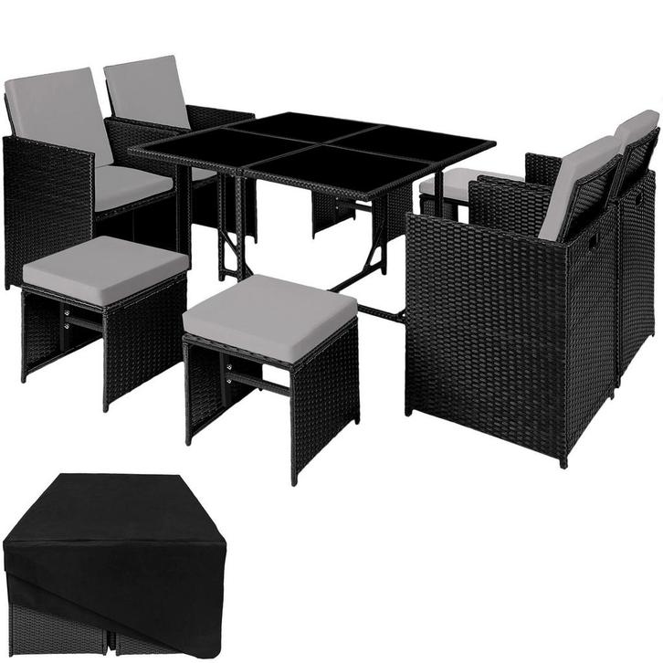 Wicker zitgroep Bilbao 4+4+1 met beschermhoes - zwart / grij, Tuin en Terras, Tuinsets en Loungesets, Verzenden