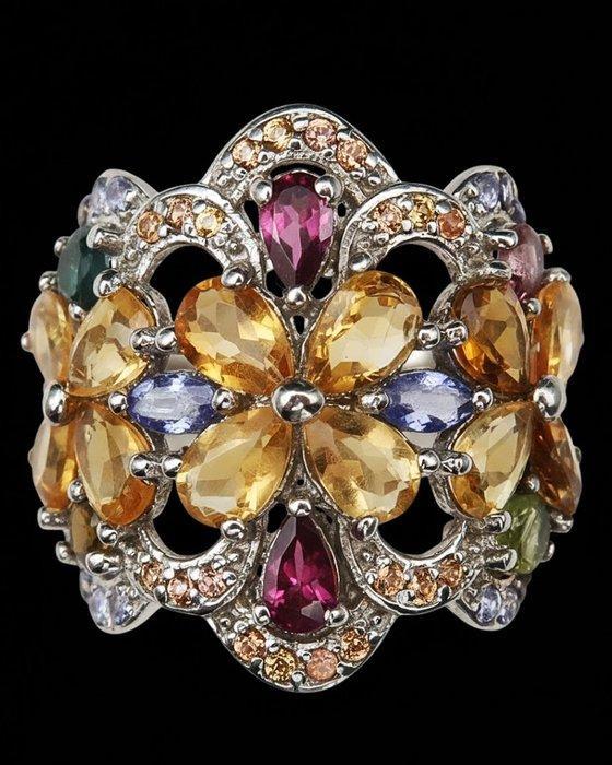 Zilver, Bloemenring Éclat de Printemps - tanzaniet,, Antiek en Kunst, Antiek | Boeken en Bijbels