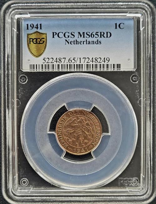 Koningin Wilhelmina 1 cent 1941 MS65 Red PCGS (pop 3/5), Postzegels en Munten, Munten | Nederland, Losse munt, 1 cent, Koningin Wilhelmina