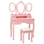 vidaXL Kaptafel met kruk en drievoudige spiegel roze, Verzenden, Nieuw