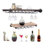 Wand Wijnrek met Glashouder – Zwart IJzer en Hout, Rustiek, Huis en Inrichting, Woonaccessoires | Wijnrekken, Verzenden, Nieuw