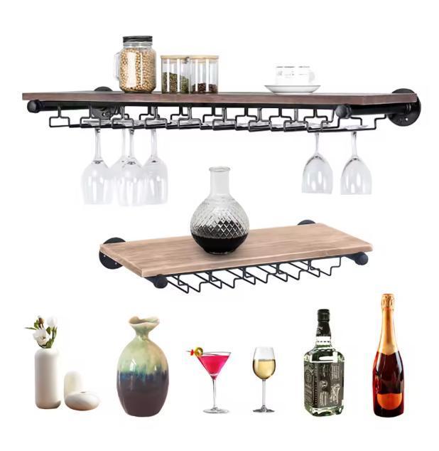 Wand Wijnrek met Glashouder – Zwart IJzer en Hout, Rustiek, Huis en Inrichting, Woonaccessoires | Wijnrekken, Nieuw, Verzenden