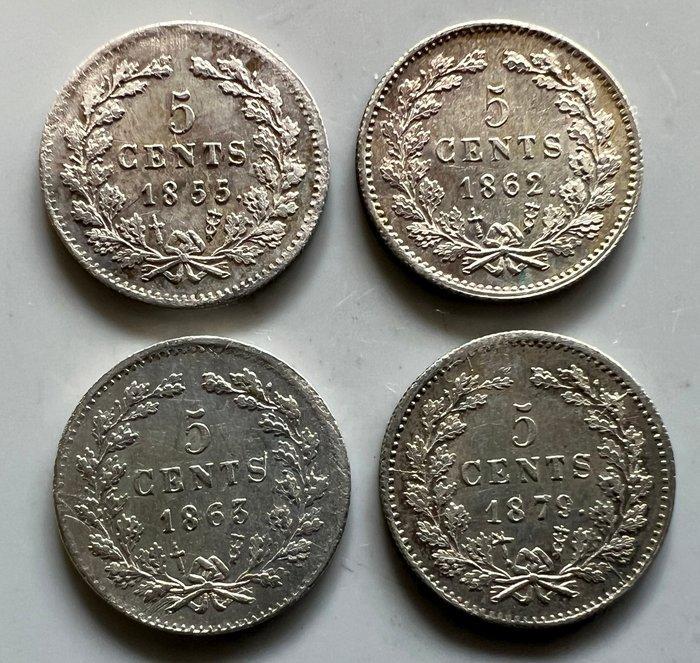 Nederland. Willem III. 5 Cents 1855, 1862, 1863 en 1879, Postzegels en Munten, Munten | Nederland