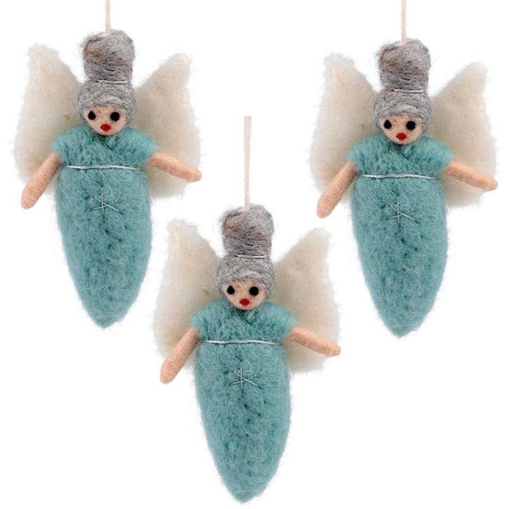 Wolvilt Hangers Engeltjes - IJsblauw - Set 3 stuks - Fairtra, Diversen, Kerst, Nieuw, Ophalen of Verzenden