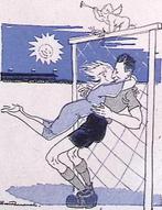 Vrouw omhelst voetballer op spotprent (lijst optie, Lithos), Verzenden