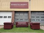 Chesterfield Glenwood bank bordo/bruin leer met 2 fauteuils, Huis en Inrichting, Zo goed als nieuw, Vierpersoons of meer, Rechte bank