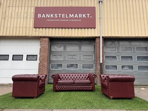 Chesterfield Glenwood bank bordo/bruin leer met 2 fauteuils, Huis en Inrichting, Banken | Bankstellen, Zo goed als nieuw, Hout