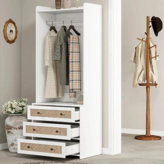 Witte Boho Kledingkast met 3 Lades – 70×48×180 cm, Huis en Inrichting, Kasten | Kledingkasten, Nieuw, Verzenden