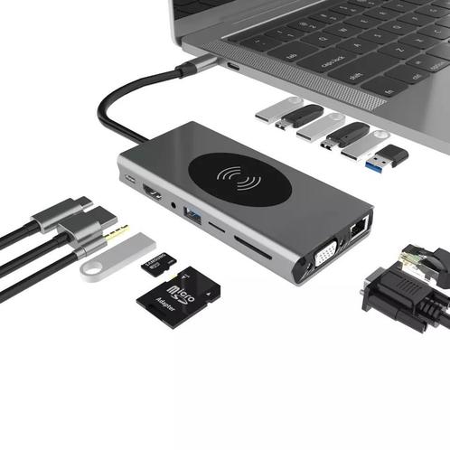 DrPhone MD7 15-in-1 USB C Hub met Draadloze Qi Lader- HDMI/V, Computers en Software, Overige Computers en Software, Verzenden