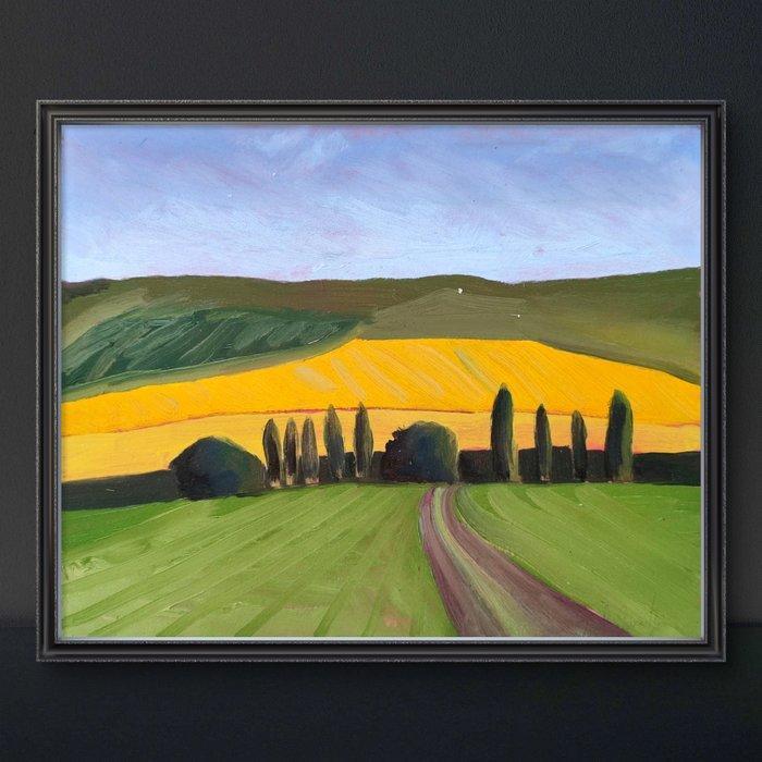 École française du XXe siècle - Paysage aux cyprès, Antiek en Kunst, Kunst | Schilderijen | Klassiek