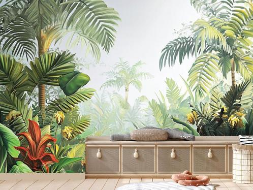 Botanisch fotobehang Into the Palm, Jungle behang, op maat!, Huis en Inrichting, Stoffering | Behang, Blauw, Bruin, Geel, Groen