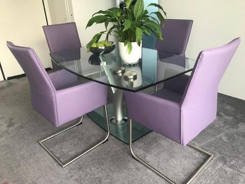 Set van 4 leren eetkamerstoelen met sledepoot - paars leer, Huis en Inrichting, Stoelen, Overige kleuren, Nieuw, Leer, Ophalen of Verzenden