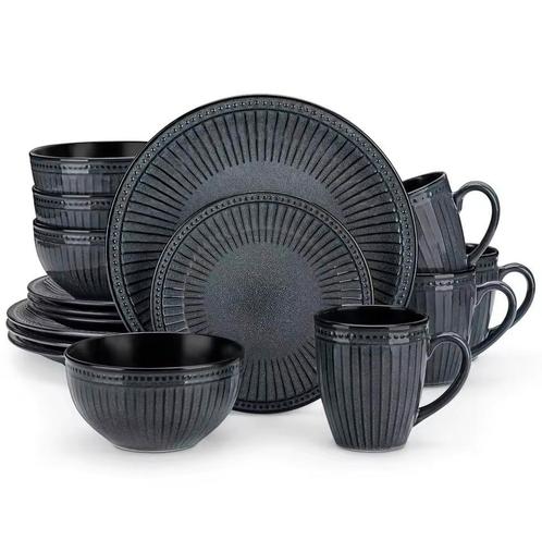 16-delige Zwart Reliëf Keramische Serviesset - Luxe Servies, Huis en Inrichting, Keuken | Servies, Compleet servies, Nieuw, Keramiek