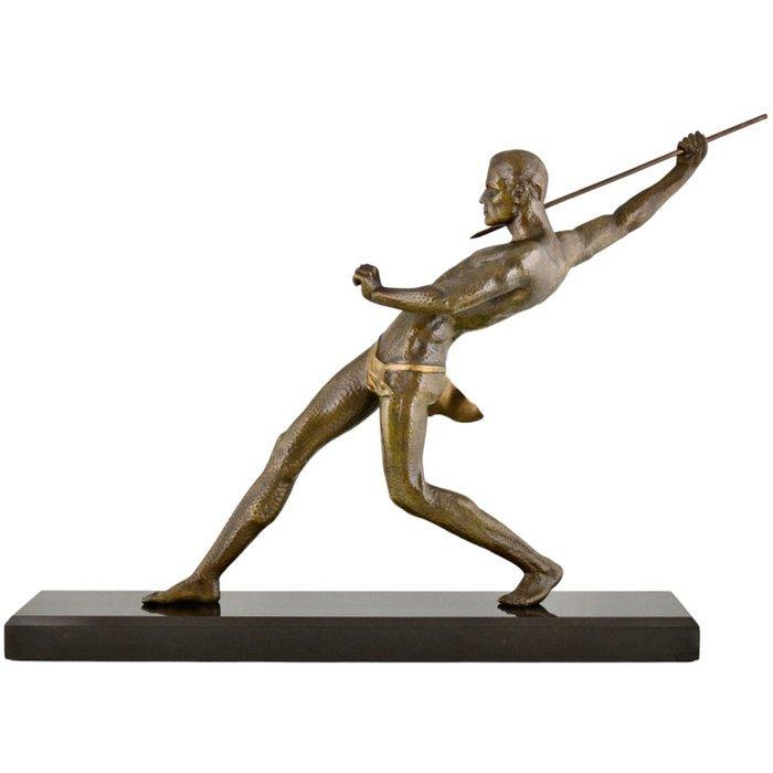 Limousin - sculptuur, Art Deco man met speer L. 73,5 x H. -, Antiek en Kunst, Antiek | Meubels | Stoelen en Banken