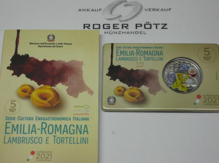 Italien 5 Euro 2021 Lambrusco e Tortellini zilver colorie..., Postzegels en Munten, Munten | Europa | Euromunten, Verzenden