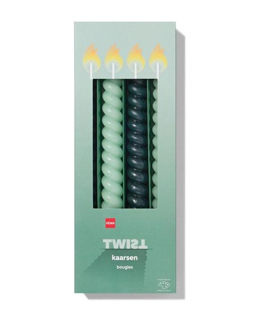HEMA Kaarsen gedraaid groen 4 stuks van €3.99 voor €2.5 sale, Huis en Inrichting, Woonaccessoires | Kandelaars en Kaarsen, Nieuw