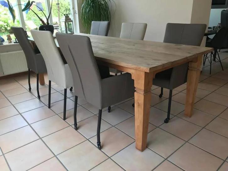 Set van 6 leren eetkamerstoelen met en zonder wieltjes -, Huis en Inrichting, Stoelen, Nieuw, Leer, Ophalen of Verzenden