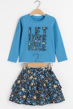 Trendy meisjesoutfit blauw shirt &amp; bloemenrok | Nieuw, Ophalen of Verzenden, Nieuw, Meisje