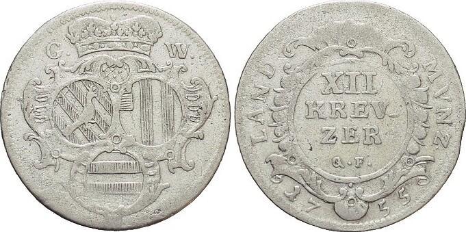 12 Kreuzer 1755 Wied-neuwied Johann Friedrich Alexander 1..., Postzegels en Munten, Munten | Europa | Niet-Euromunten, Verzenden