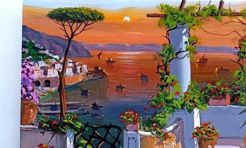 Silvio Valli (1944) - Sunset on Amalfi coast, Antiek en Kunst, Kunst | Schilderijen | Klassiek