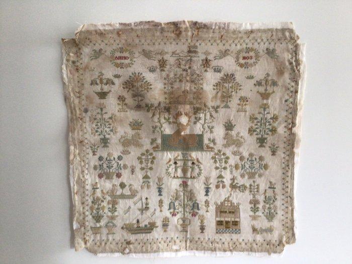 Borduurwerk - 51 cm - 48 cm - Merklap, Antiek en Kunst, Antiek | Overige Antiek