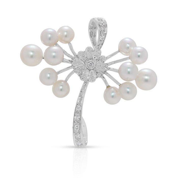 Hanger - 18 karaat Witgoud - 0.09ct. tw. Parel - Diamant, Sieraden, Tassen en Uiterlijk, Antieke sieraden