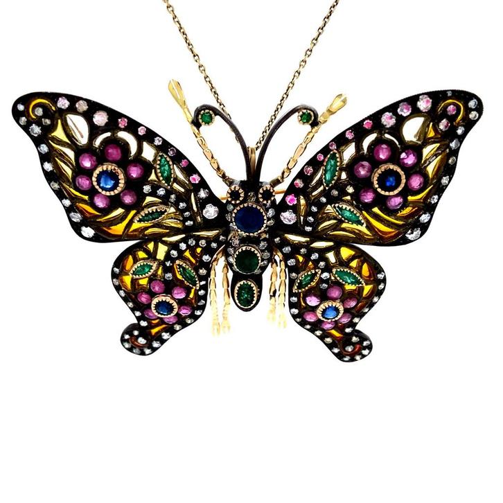Gouden hanger met saffier, smaragd, robijn, emaille en, Sieraden, Tassen en Uiterlijk, Kettinghangers, Nieuw, Ophalen of Verzenden