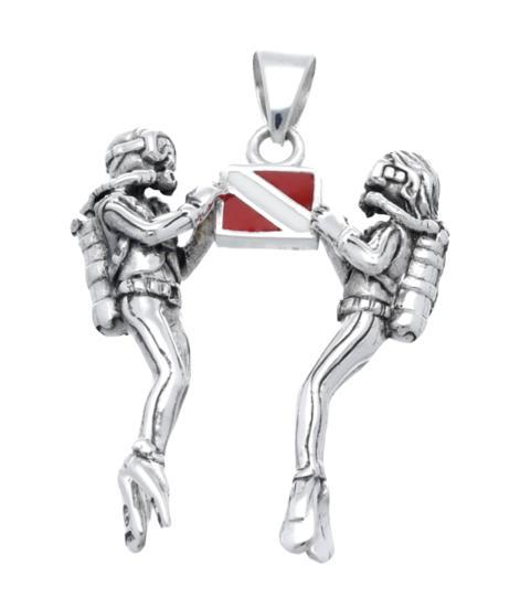 Zilveren Duikers met duikvlag kettinghanger, Sieraden, Tassen en Uiterlijk, Kettinghangers, Verzenden