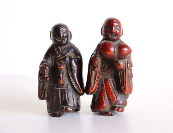 Twee Netsuke Dansende Monniken - Hout - Japan - Late Edo, Antiek en Kunst, Antiek | Overige Antiek