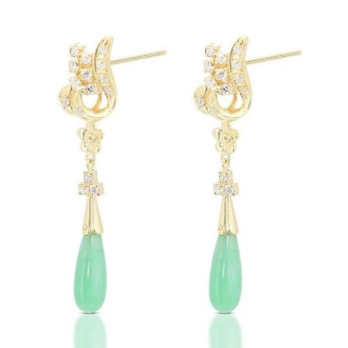 Oorbellen - 14 karaat Geel goud - 5.53ct. tw. Jade - Diamant, Sieraden, Tassen en Uiterlijk, Oorbellen