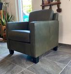 Leren fauteuil met houten poten - groen leer - Echt leer, La, Nieuw, Ophalen of Verzenden, Landelijk, 50 tot 75 cm