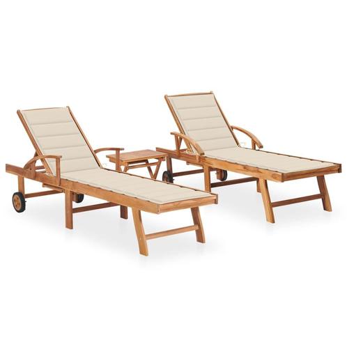 vidaXL Ligbedden 2 st met tafel en kussens massief teakhout, Tuin en Terras, Ligbedden, Nieuw, Verzenden