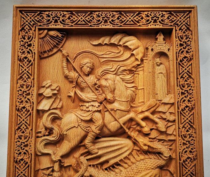 Icoon - Mooi met de hand gebeeldhouwde houten icoon van, Antiek en Kunst, Antiek | Boeken en Bijbels