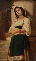 Mazzarini (XX) - Portret van vrouw met bloemen, Antiek en Kunst