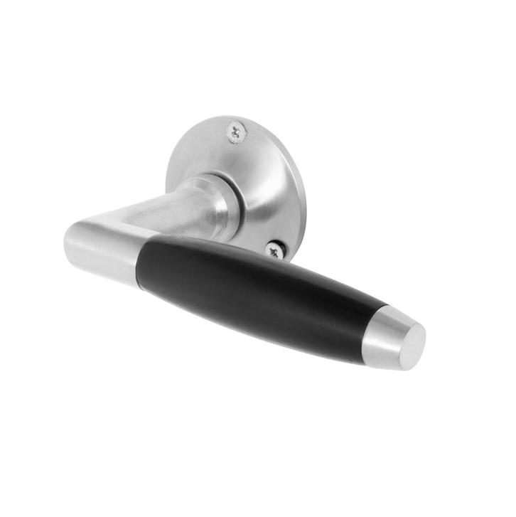 Geveerde klassieke deurklink op rond rozet in mat nikkel, Doe-het-zelf en Verbouw, Hang- en Sluitwerk, Klink of Kruk, Nieuw, Koper of Messing