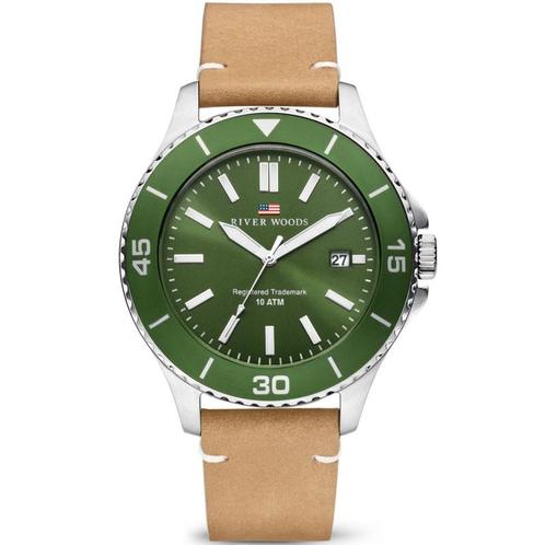 River Woods Herenhorloge 10ATM - Lederen Horlogeband Groen, Sieraden, Tassen en Uiterlijk, Horloges | Heren, Verzenden