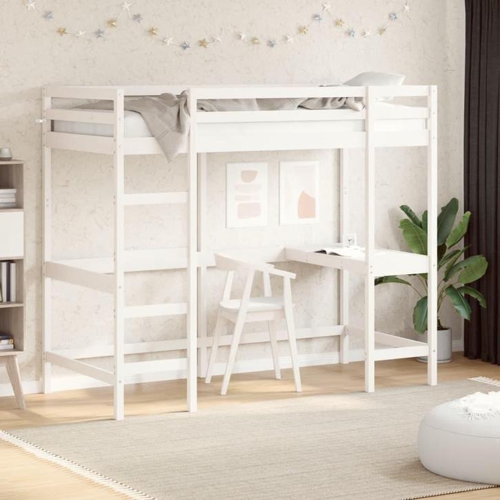 vidaXL Hoogslaper met bureau massief grenenhout wit 90x200, Huis en Inrichting, Slaapkamer | Bedden, 90 cm, 200 cm, Wit, Eenpersoons