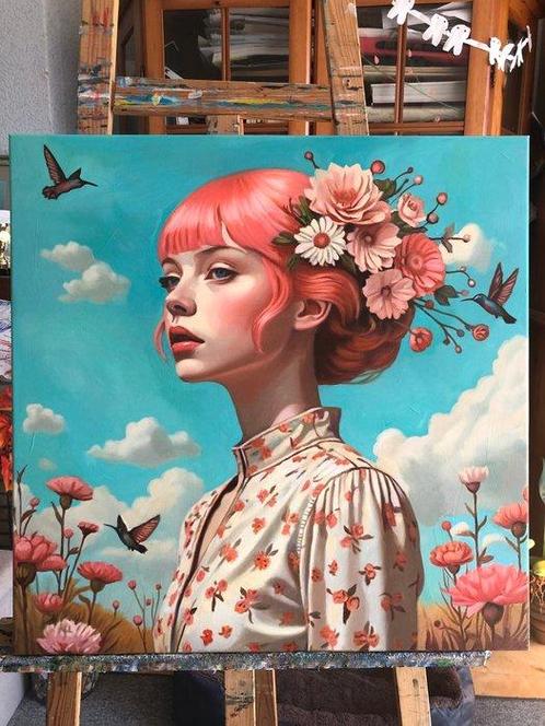 Bondero - Girl with pink hair, Antiek en Kunst, Kunst | Schilderijen | Modern