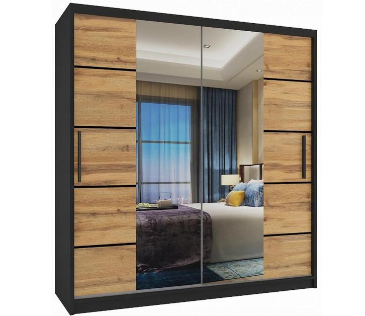 Kledingkast zwart eiken 158 cm breed met spiegel en 2 lad..., Huis en Inrichting, Kasten | Kledingkasten, 50 tot 75 cm, Met lade(s)