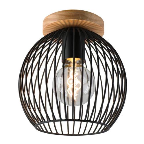 Zwarte industriële plafonnière Wiro, met houten plafondkap, Huis en Inrichting, Lampen | Plafondlampen, Nieuw, Hout, Ophalen of Verzenden