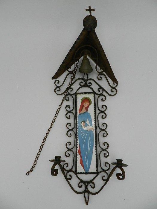 Vintage Altaar - Smeedijzer met handbeschilderde tegel -, Antiek en Kunst, Antiek | Boeken en Bijbels