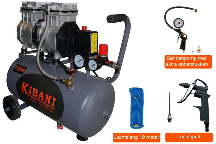 Kibani Super Stille Compressor 24 Liter + Luchtslang +, Tuin en Terras, Hand-tuingereedschap, Nieuw