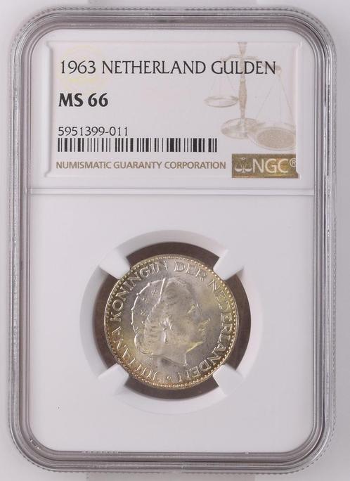 Koningin Juliana zilveren 1 gulden 1963 MS66 NGC, Postzegels en Munten, Munten | Nederland, Losse munt, 1 gulden, Koningin Juliana
