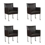 Set van 4 Donkergrijze leren moderne kuipstoel - poot rond r, Huis en Inrichting, Stoelen, Overige kleuren, Nieuw, Leer, Ophalen of Verzenden