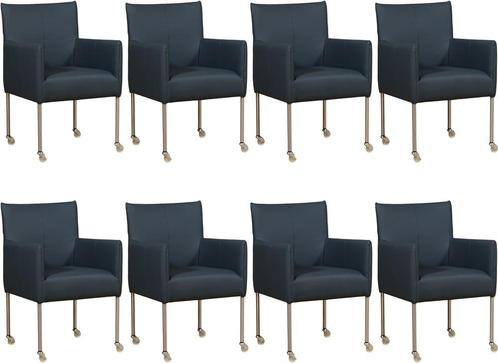 Set van 8 Blauwe leren moderne kuipstoel - poot rond rvs met, Huis en Inrichting, Stoelen, Vijf, Zes of meer stoelen, Overige kleuren