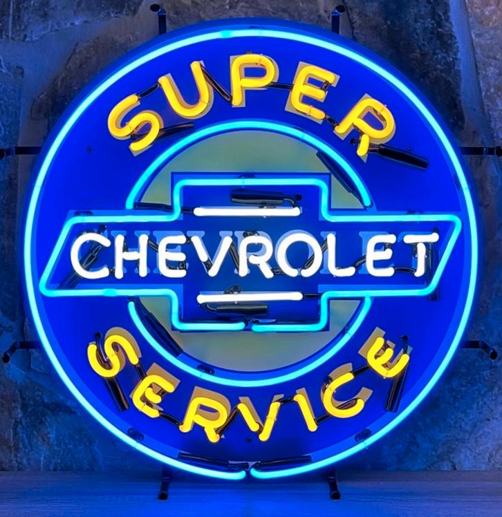 Chevrolet Super Service Neon Verlichting 65 x 65 cm, Verzamelen, Automerken, Motoren en Formule 1, Ophalen